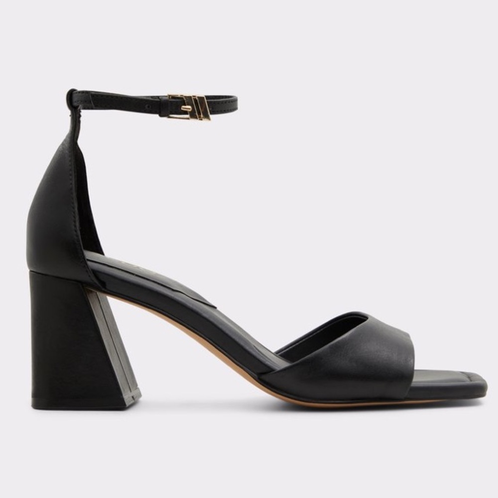 NEW ALDO Safdie Ankle strap heels sandal Block heel square toe black leather 8.5